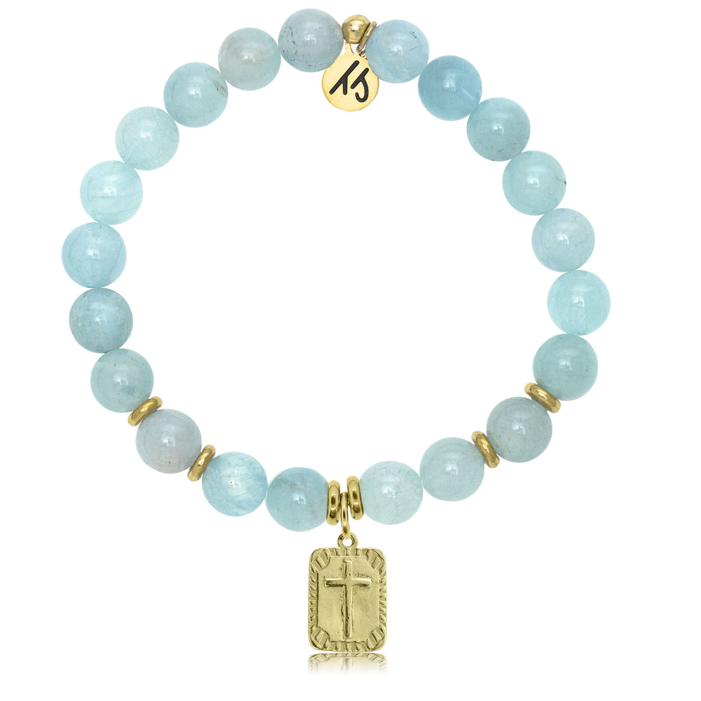 Gold Collection - Blue Aquamarine Stone Bracelet with Cross Gold Charm