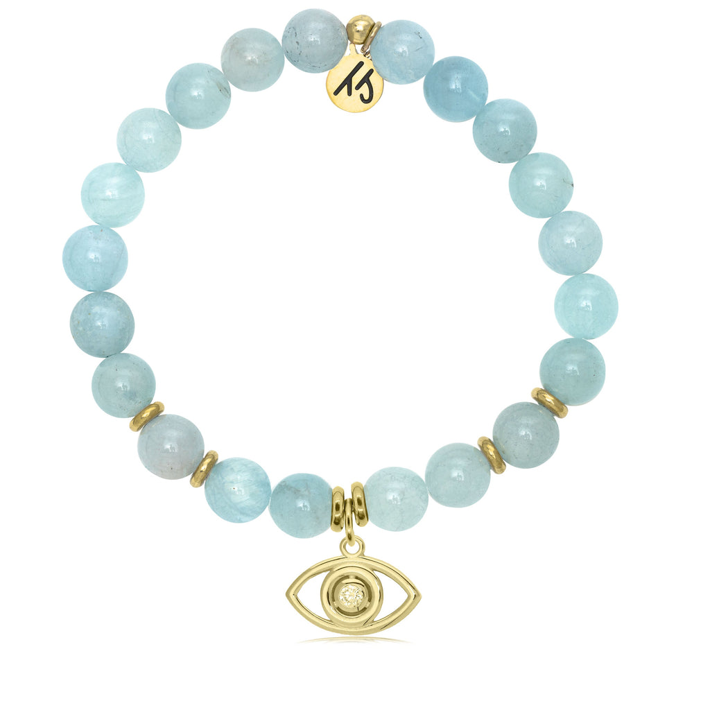 Gold Collection - Blue Aquamarine Stone Bracelet with Evil Eye Gold Charm