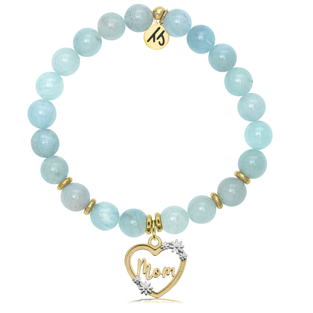 Gold Collection - Blue Aquamarine Stone Bracelet with Heart Mom Charm