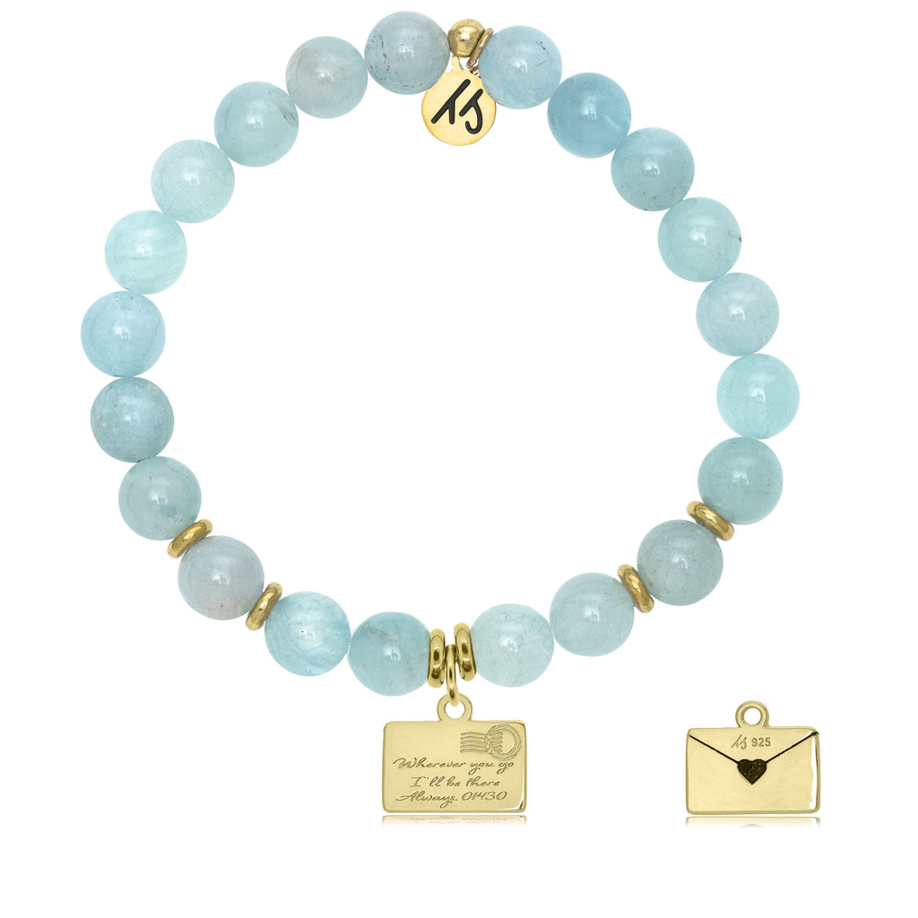 Gold Collection - Blue Aquamarine Stone Bracelet with Love Letter Gold Charm