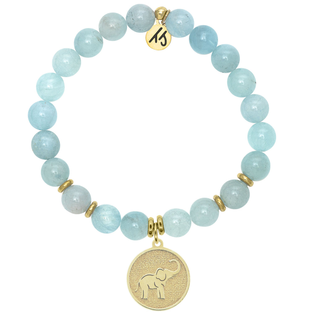Gold Collection - Blue Aquamarine Stone Bracelet with Lucky Elephant Gold Charm