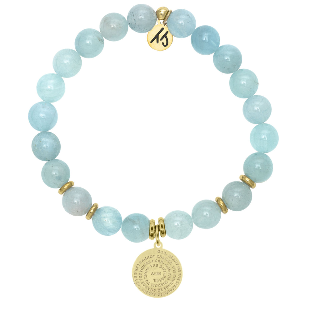 Gold Collection - Blue Aquamarine Stone Bracelet with Serenity Prayer Gold Charm