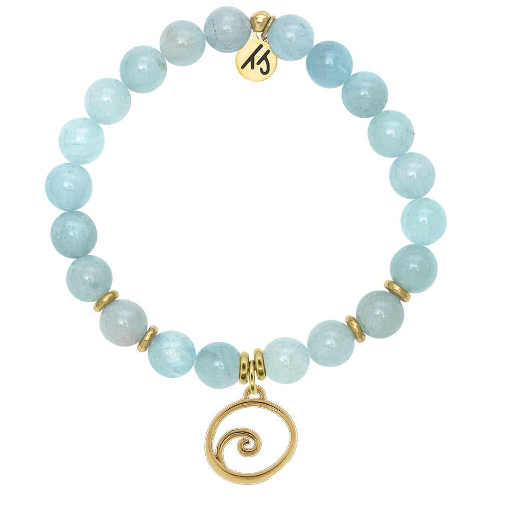 Gold Collection - Blue Aquamarine Stone Bracelet with Wave Gold Charm
