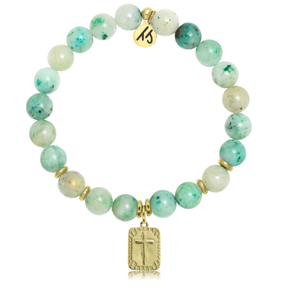 Gold Collection - Caribbean Quartzite Stone Bracelet with Cross Gold Charm