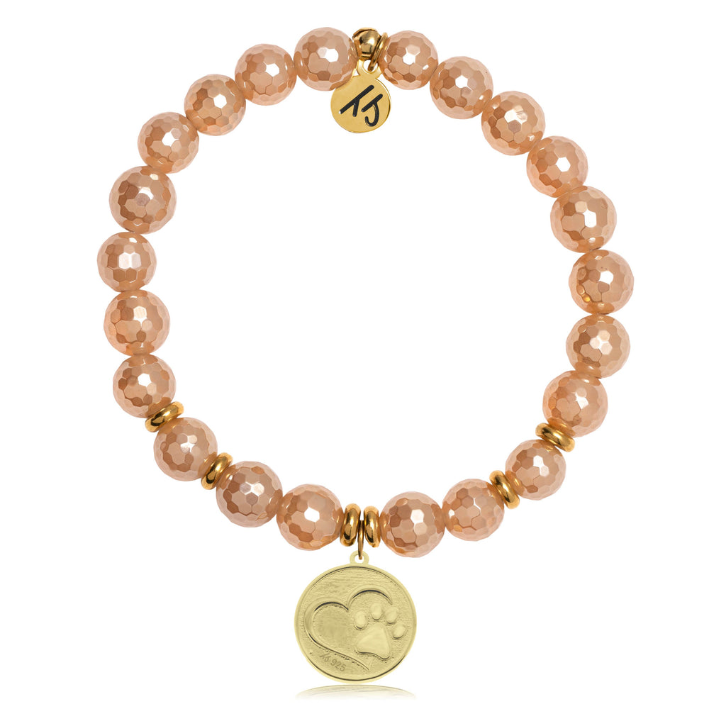 Gold Collection - Champagne Agate Stone Bracelet with Paw Print Gold Charm