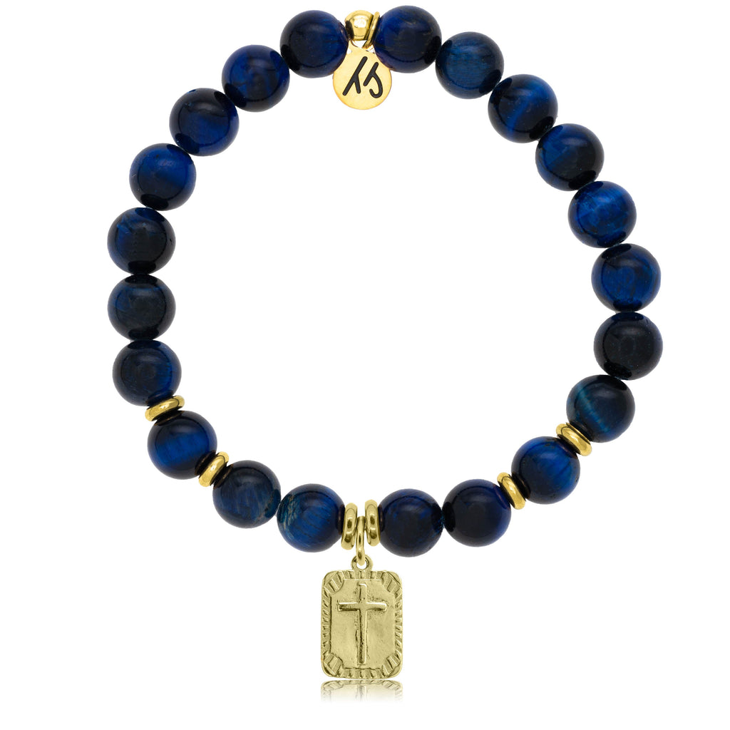 Gold Collection - Lapis Tiger's Eye Stone Bracelet with Cross Gold Charm