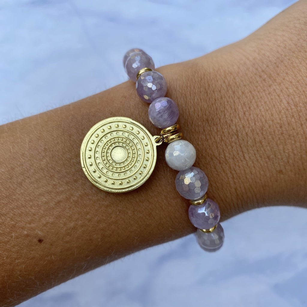 Gold Collection - Mauve Jade Stone Bracelet with Family Circle Gold Charm
