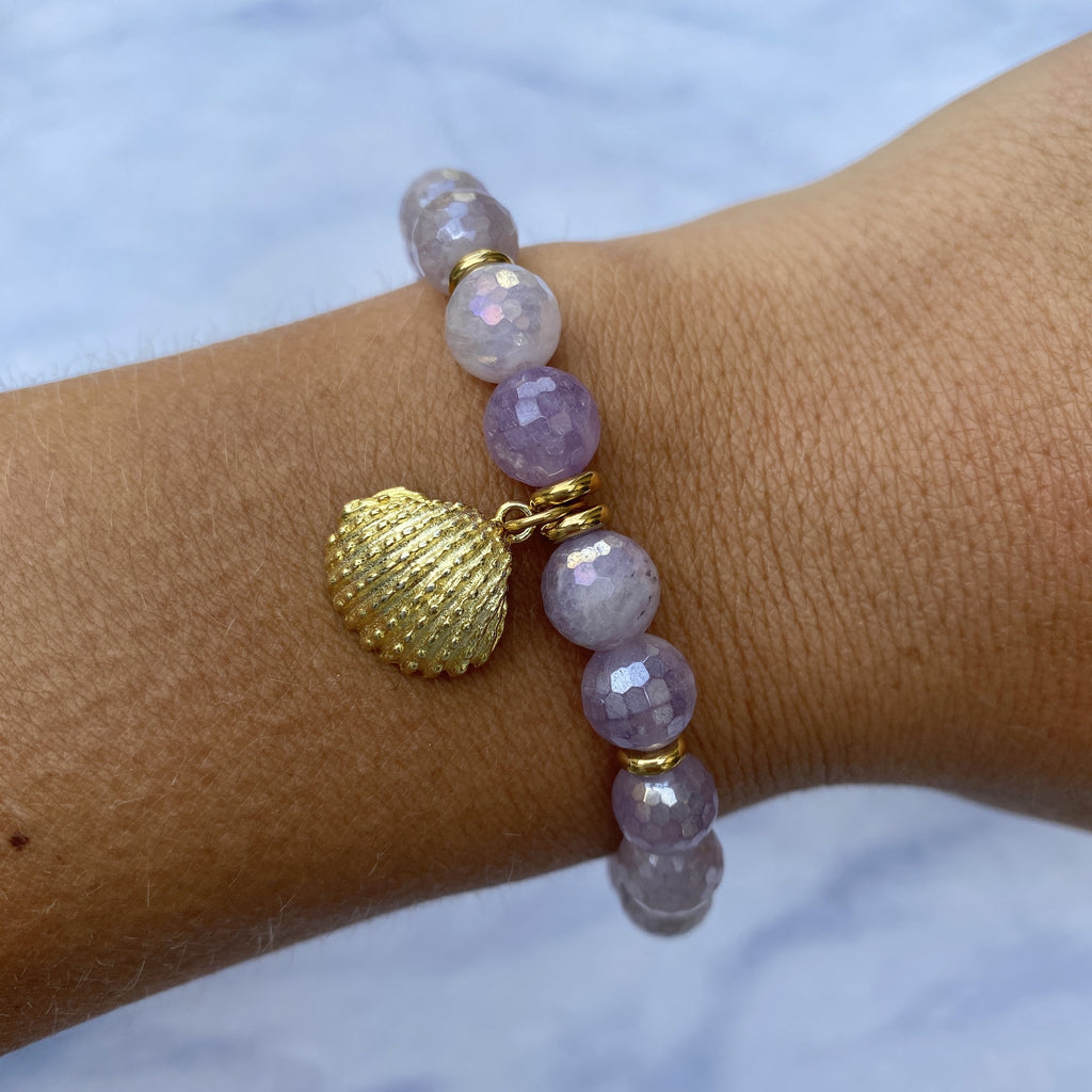 Gold Collection - Mauve Jade Stone Bracelet with Seashell Gold Charm