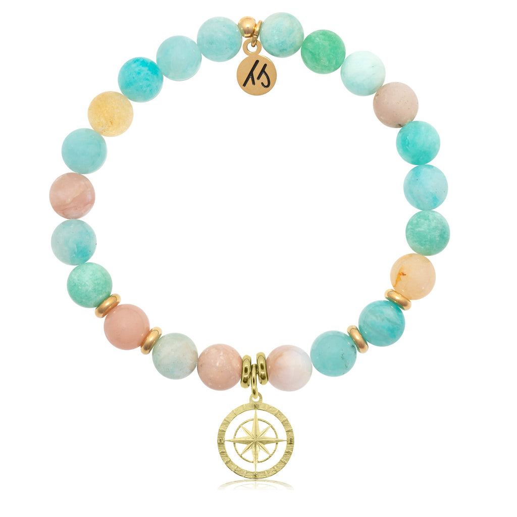 Gold Collection - Multi Amazonite Stone Bracelet with Compass Rose Gold Charm