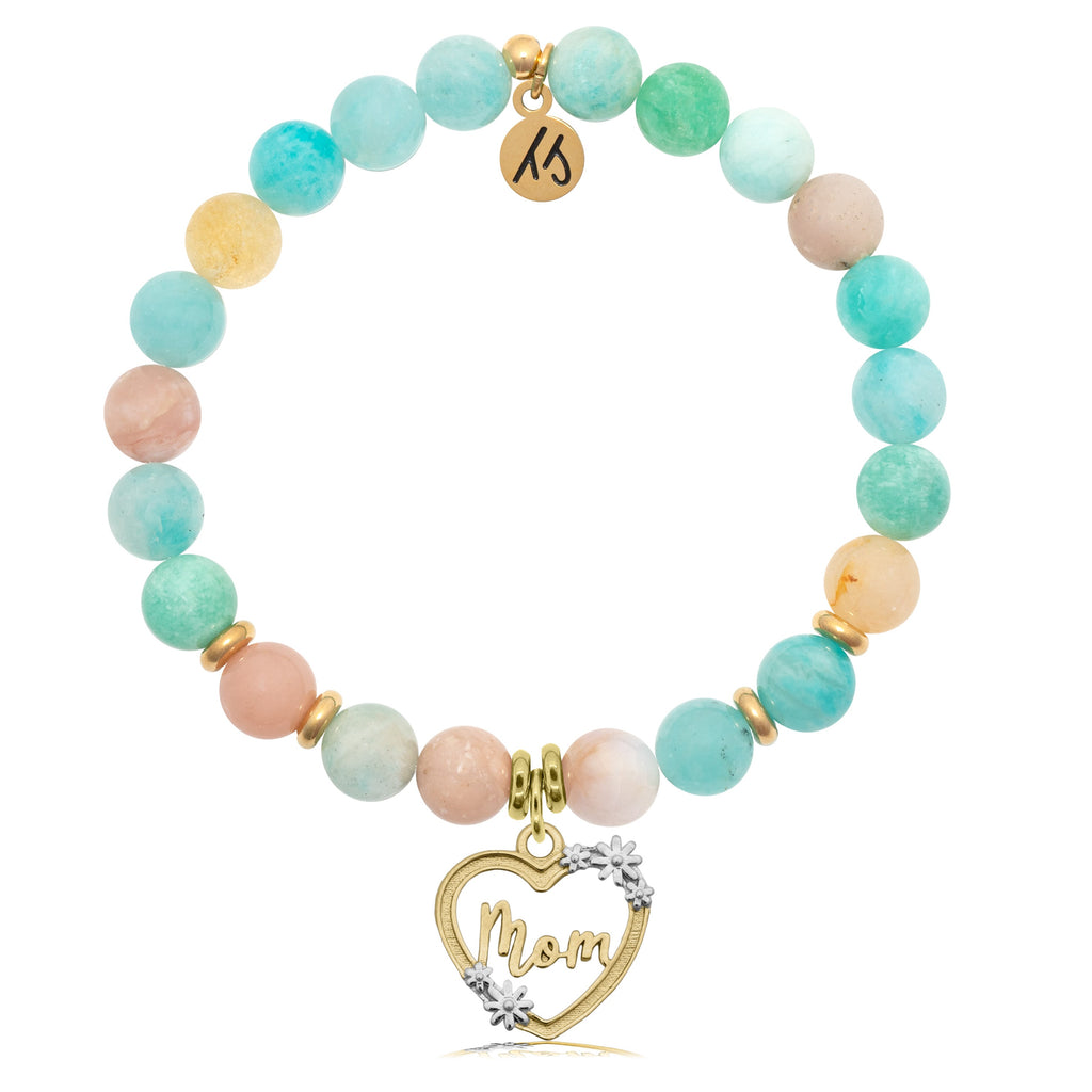 Gold Collection - Multi Amazonite Stone Bracelet with Heart Mom Gold Charm