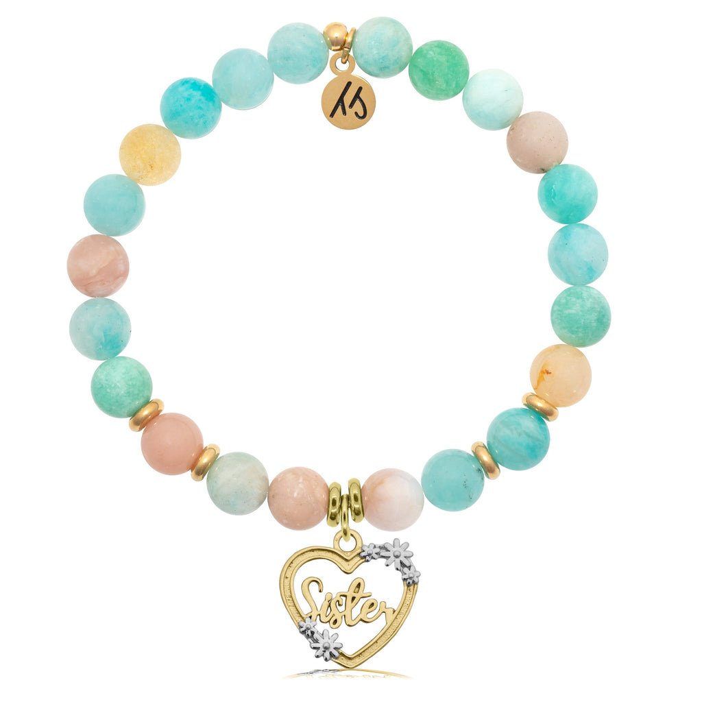 Gold Collection - Multi Amazonite Stone Bracelet with Heart Sister Gold Charm