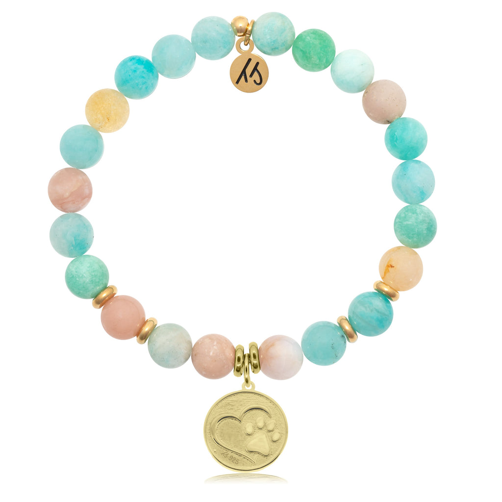 Gold Collection - Multi Amazonite Stone Bracelet with Paw Print Gold Charm