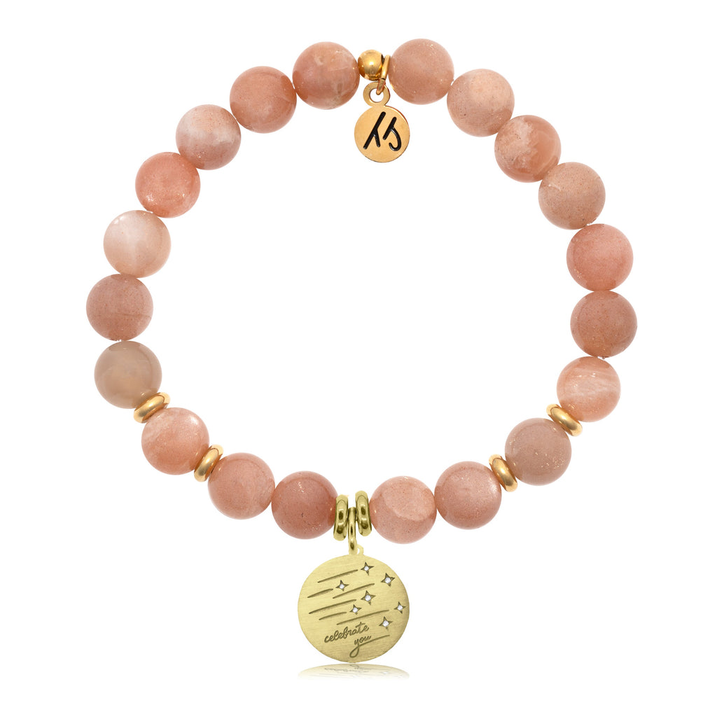 Gold Collection- Peach Moonstone Stone Bracelet with Birthday Wishes Gold Charm