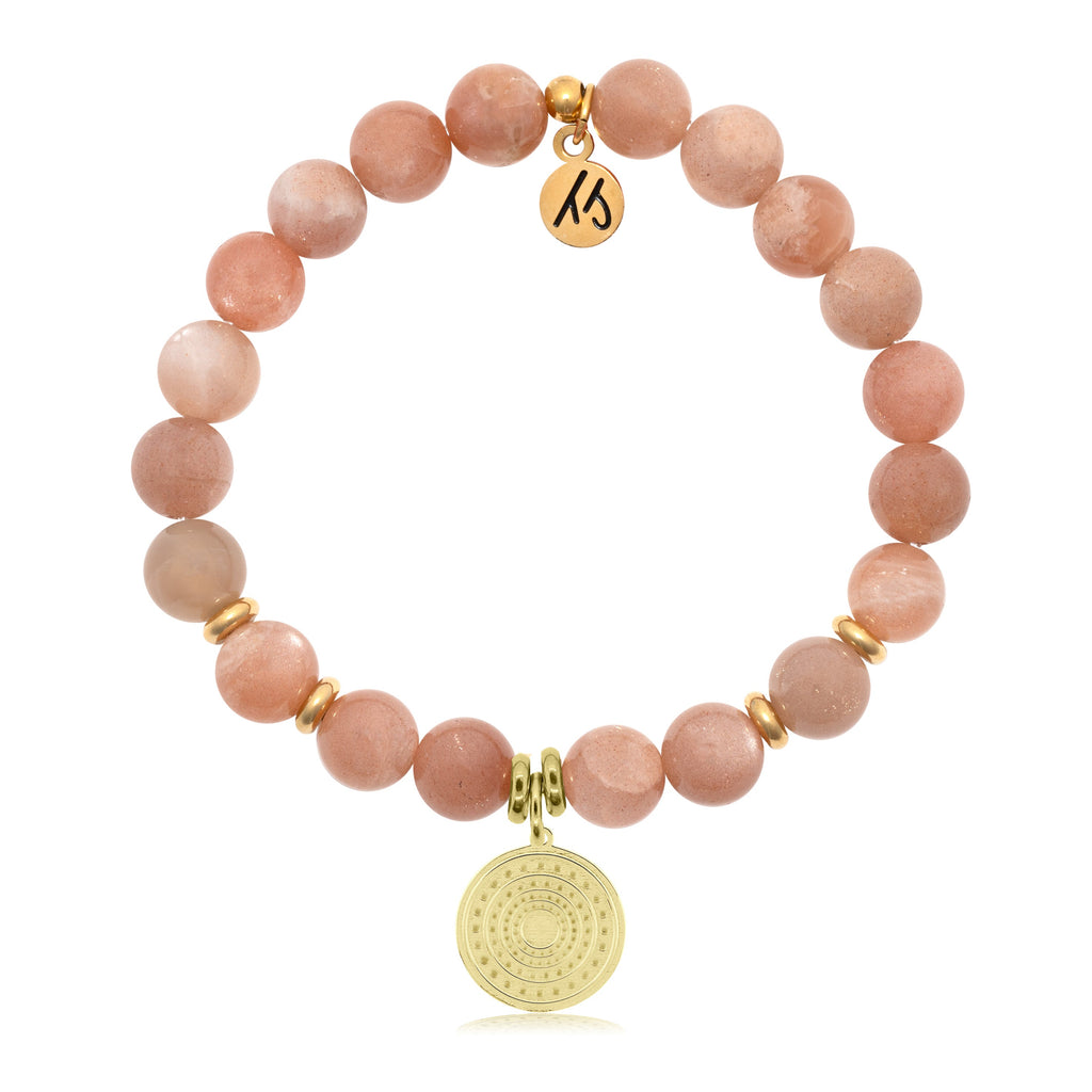 Gold Collection- Peach Moonstone Stone Bracelet with Family Circle Gold Charm