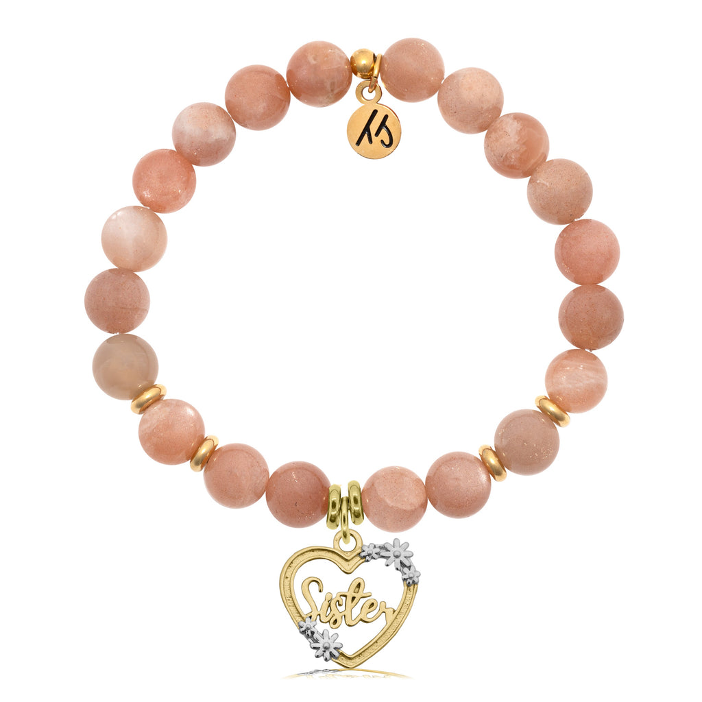 Gold Collection- Peach Moonstone Stone Bracelet with Heart Sister Gold Charm