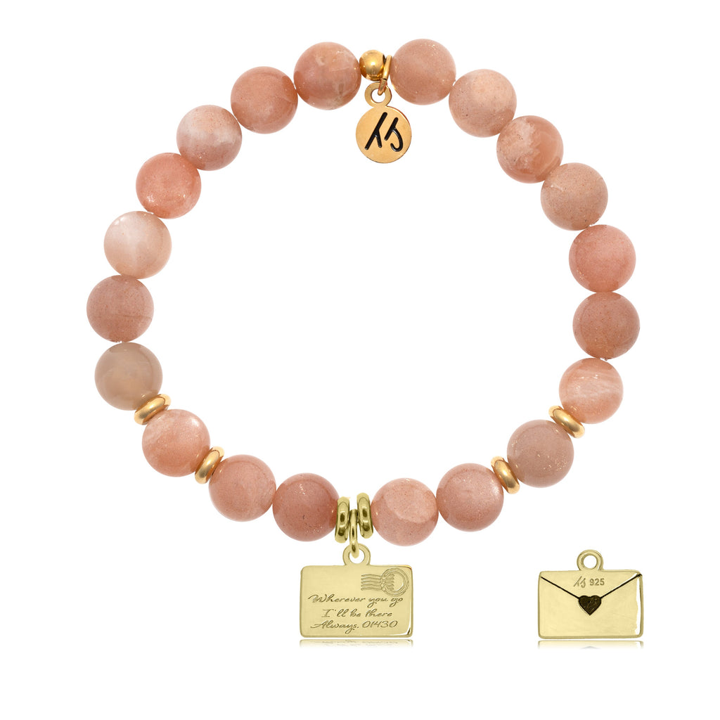 Gold Collection- Peach Moonstone Stone Bracelet with Love Letter Gold Charm