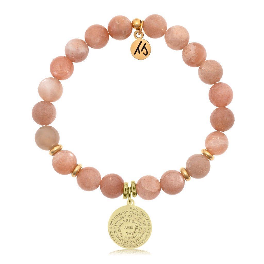 Gold Collection- Peach Moonstone Stone Bracelet with Serenity Prayer Gold Charm