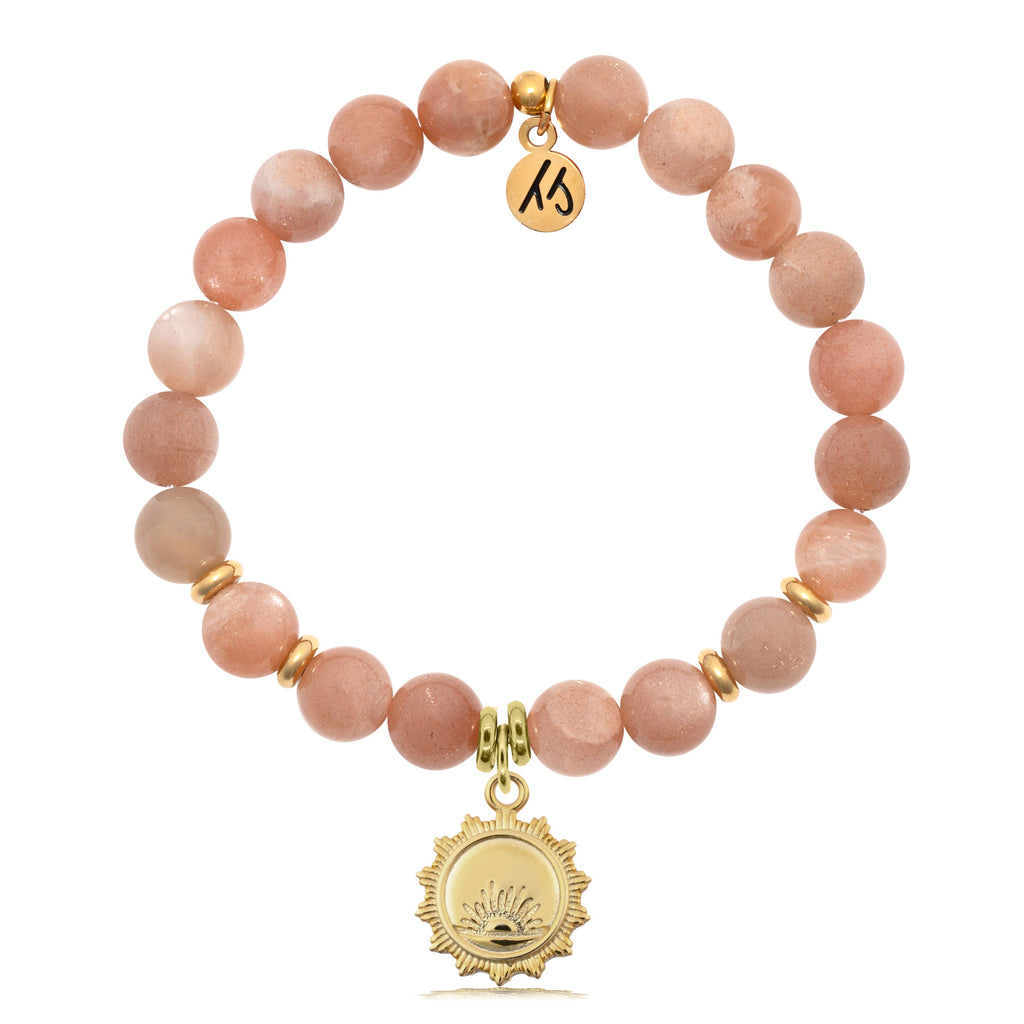 Gold Collection- Peach Moonstone Stone Bracelet with Sunsets Gold Charm