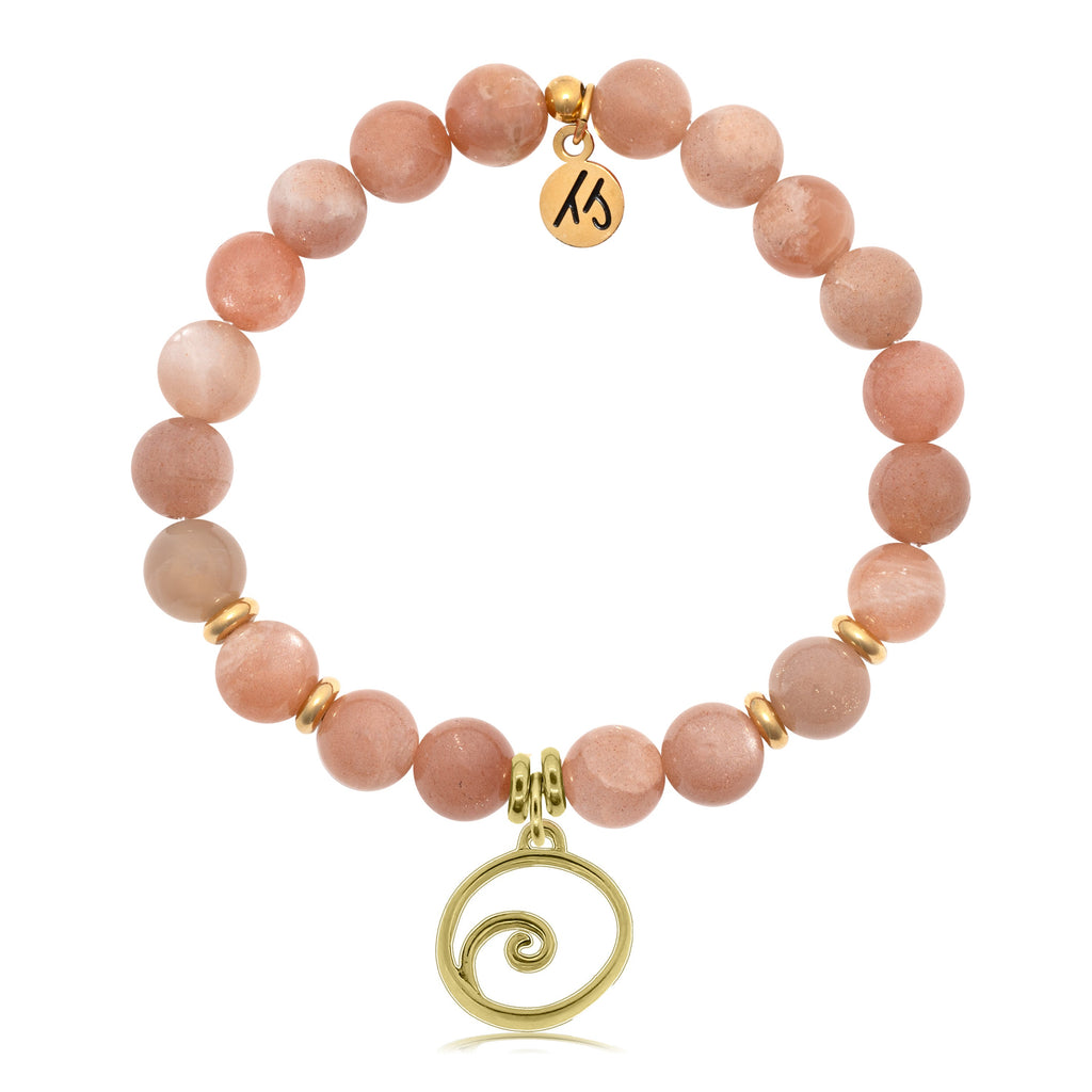 Gold Collection- Peach Moonstone Stone Bracelet with Wave Gold Charm