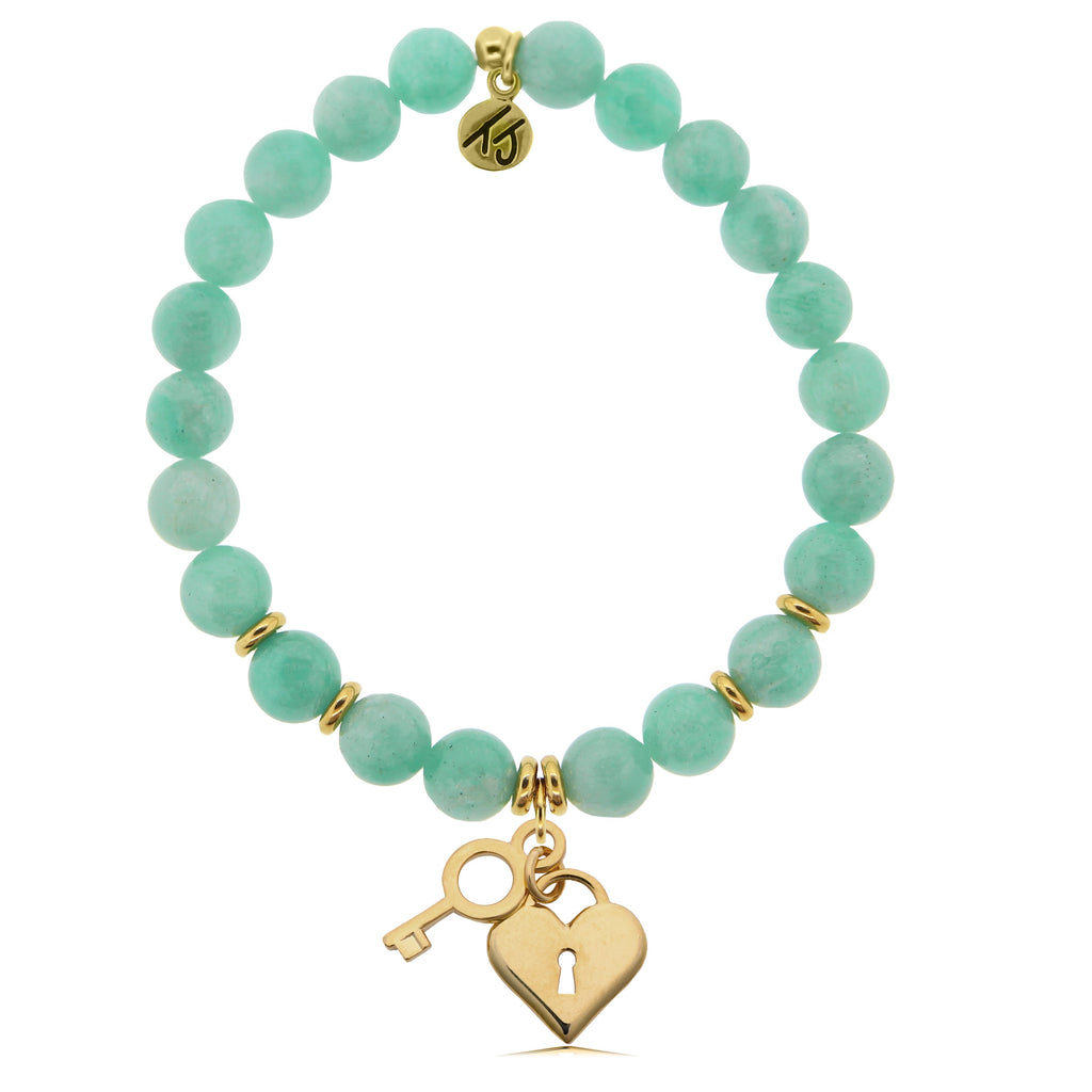 Gold Collection - Peruvian Amazonite Stone Bracelet with Key to my Heart Gold Charm