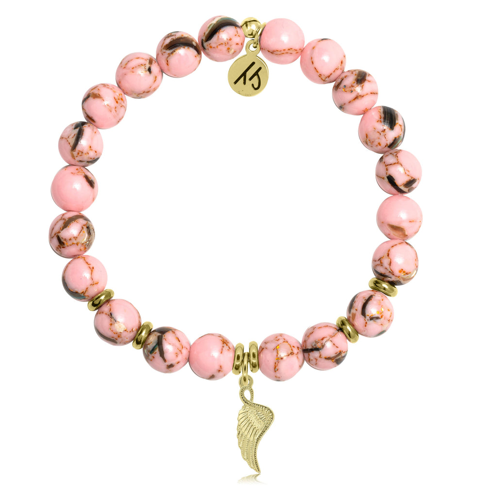 Gold Collection - Pink Shell Stone Bracelet with Angel Blessings Gold Charm