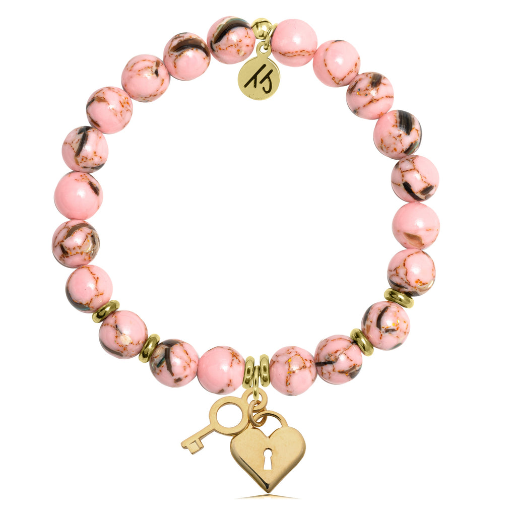 Gold Collection - Pink Shell Stone Bracelet with Key to my Heart Gold Charm