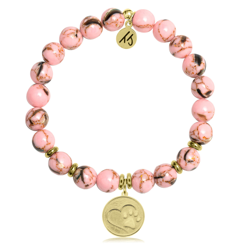 Gold Collection - Pink Shell Stone Bracelet with Paw Print Gold Charm