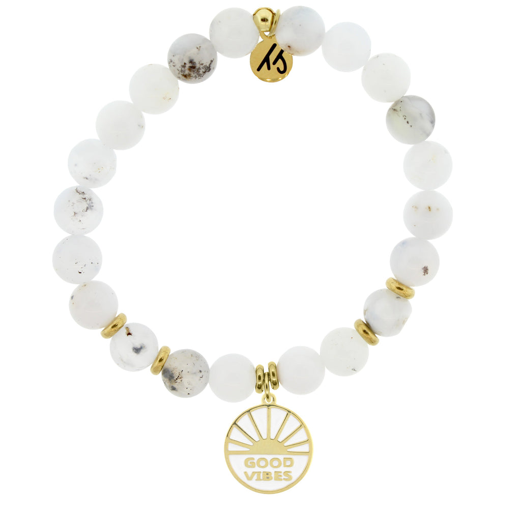 Gold Collection - White Chalcedony Stone Bracelet with Good Vibes Gold Charm