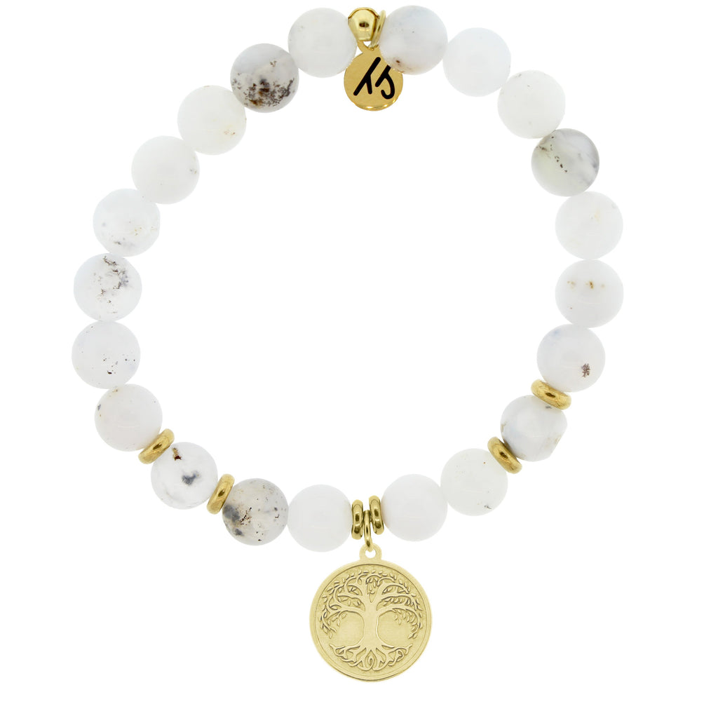 Gold Collection - White Chalcedony Stone Bracelet with Tree of Life Gold Charm