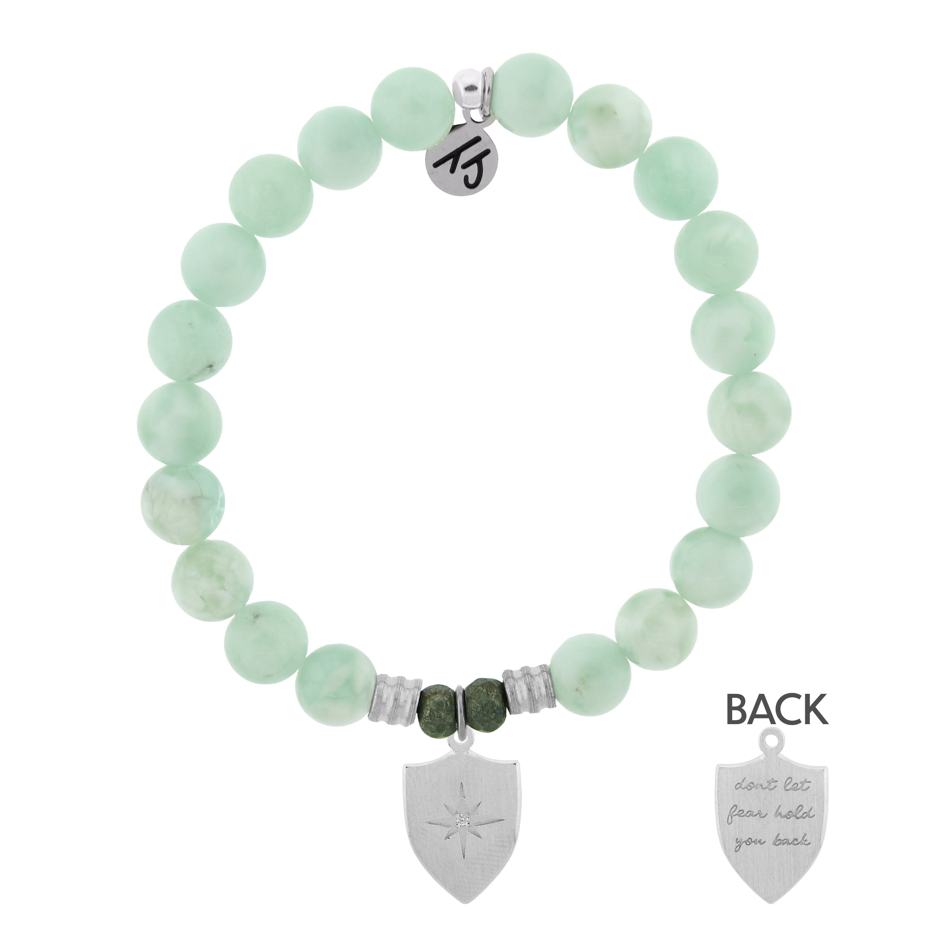 Green Angelite Bracelet with Shield Of Strength Sterling Silver Charm