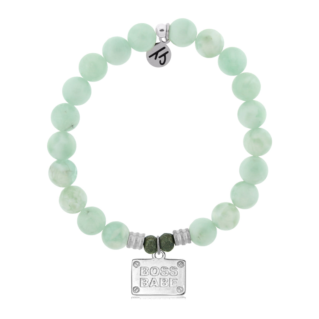 Green Angelite Stone Bracelet with Boss Babe Sterling Silver Charm