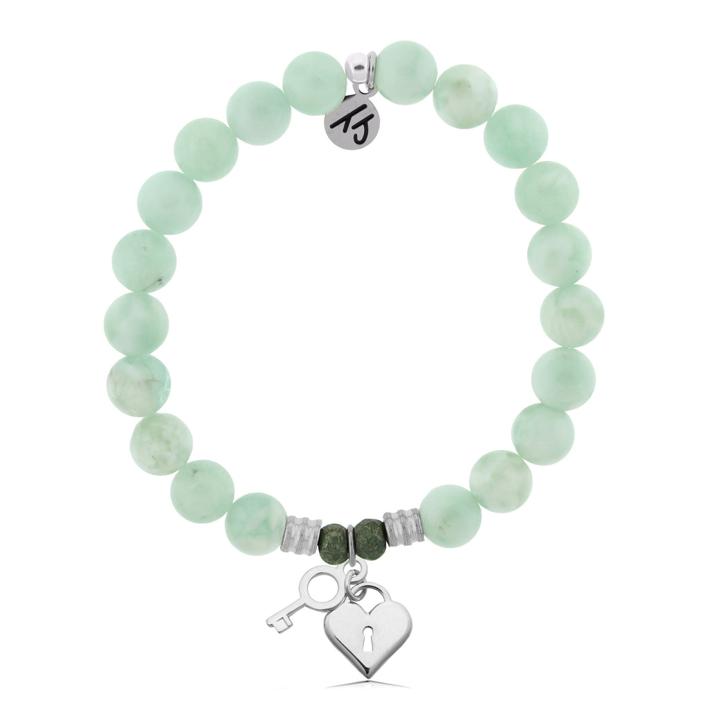 Green Angelite Stone Bracelet with Key to my Heart Sterling Silver Charm