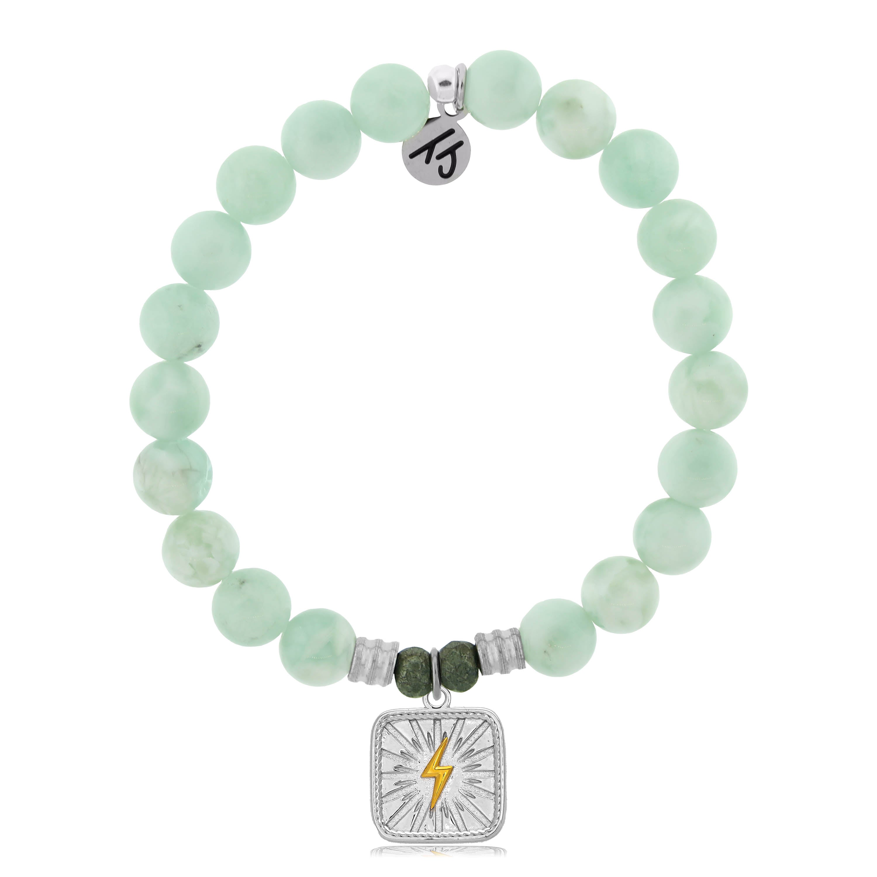 Green Angelite Stone Bracelet with Lightning Bolt Sterling Silver Charm