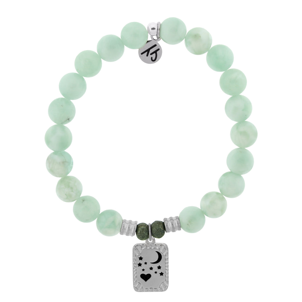 Green Angelite Stone Bracelet with Moon and Back Sterling Silver Charm