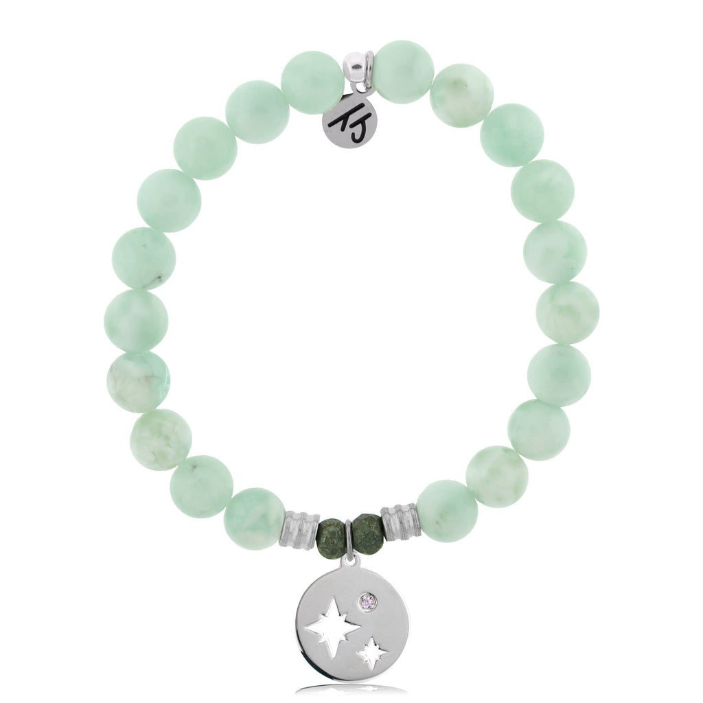 Green Angelite Stone Bracelet with Mother Daughter Sterling Silver Charm