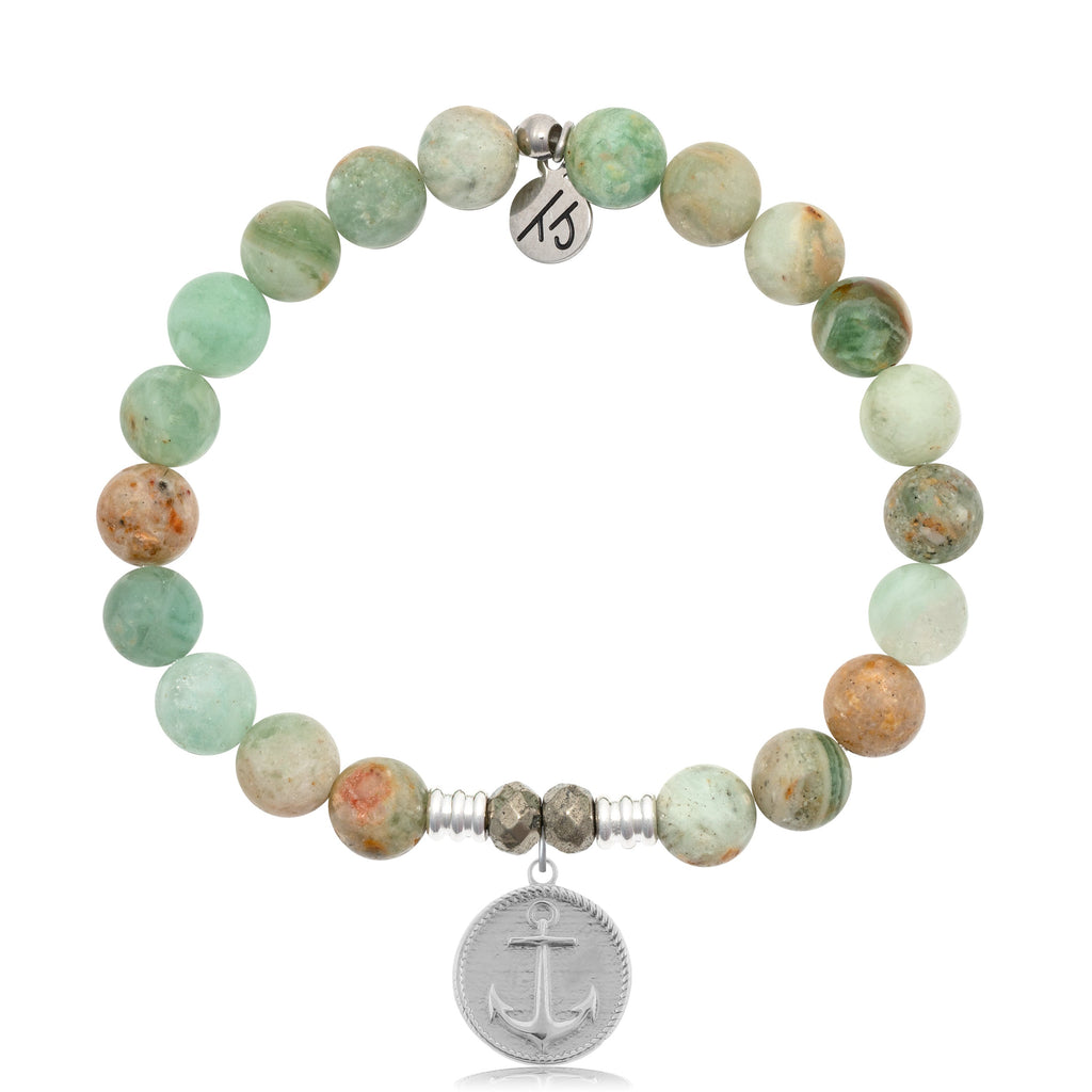 Green Quartz Stone Bracelet with Anchor Sterling Silver Charm