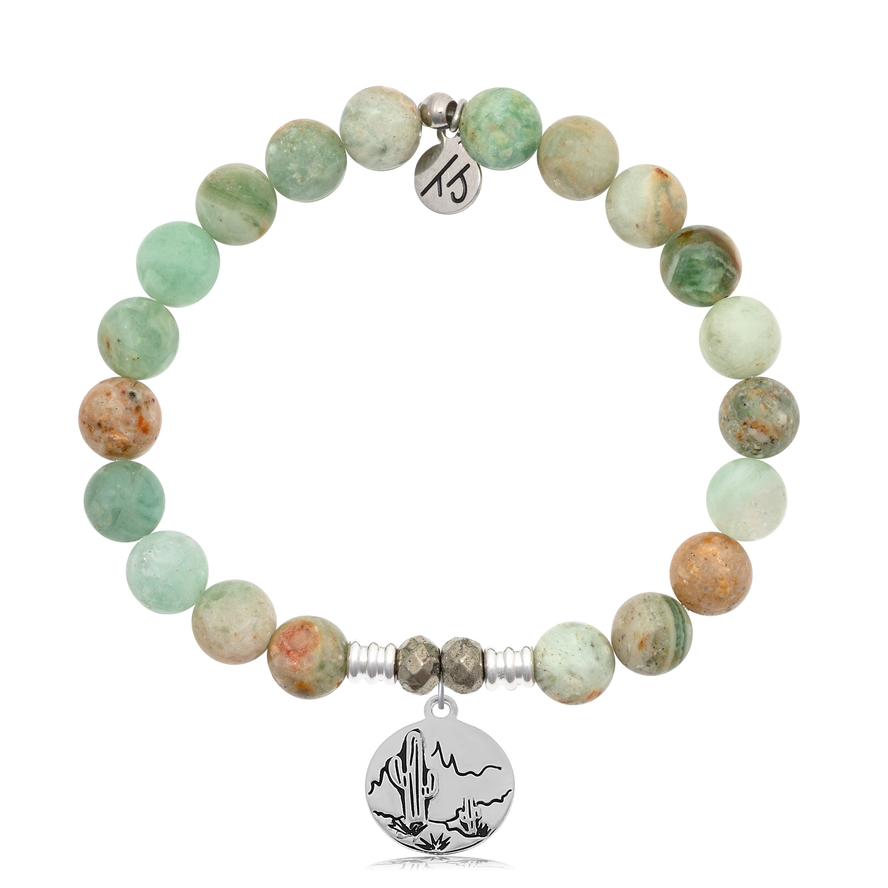 Green Quartz Stone Bracelet with Cactus Sterling Silver Charm