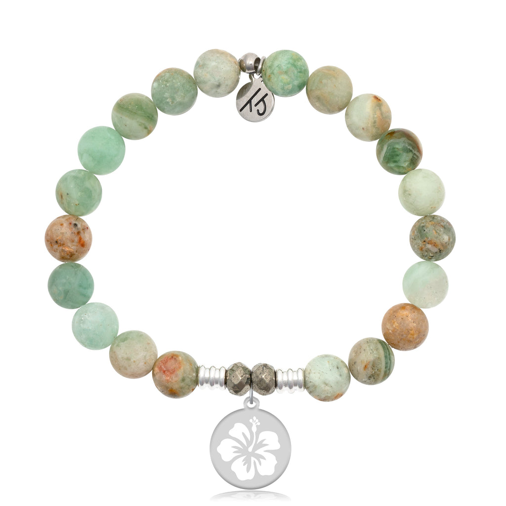 Green Quartz Stone Bracelet with Hibiscus Sterling Silver Charm