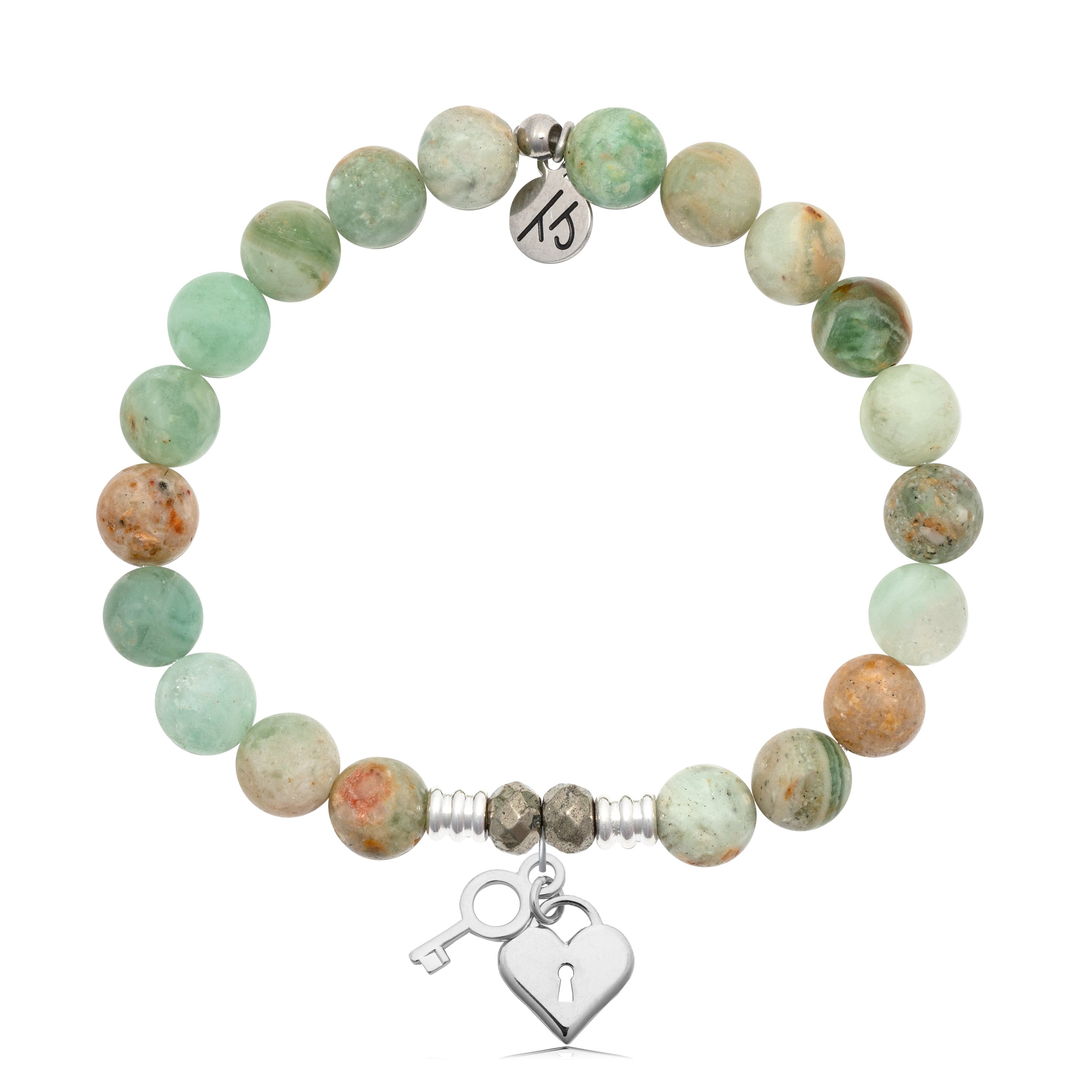 Green Quartz Stone Bracelet with Key to my Heart Sterling Silver Charm