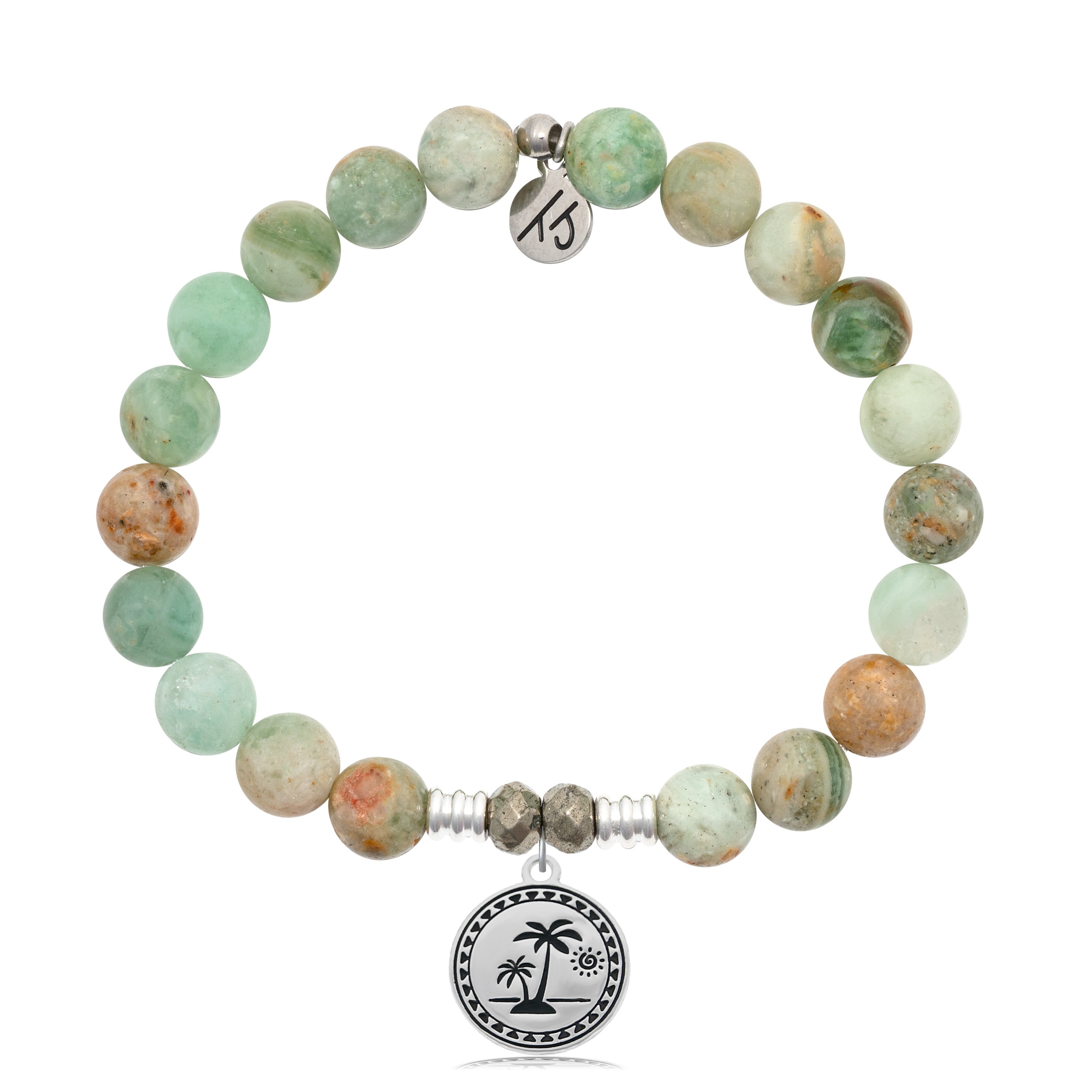 Green Quartz Stone Bracelet with Palm Tree Sterling Silver Charm