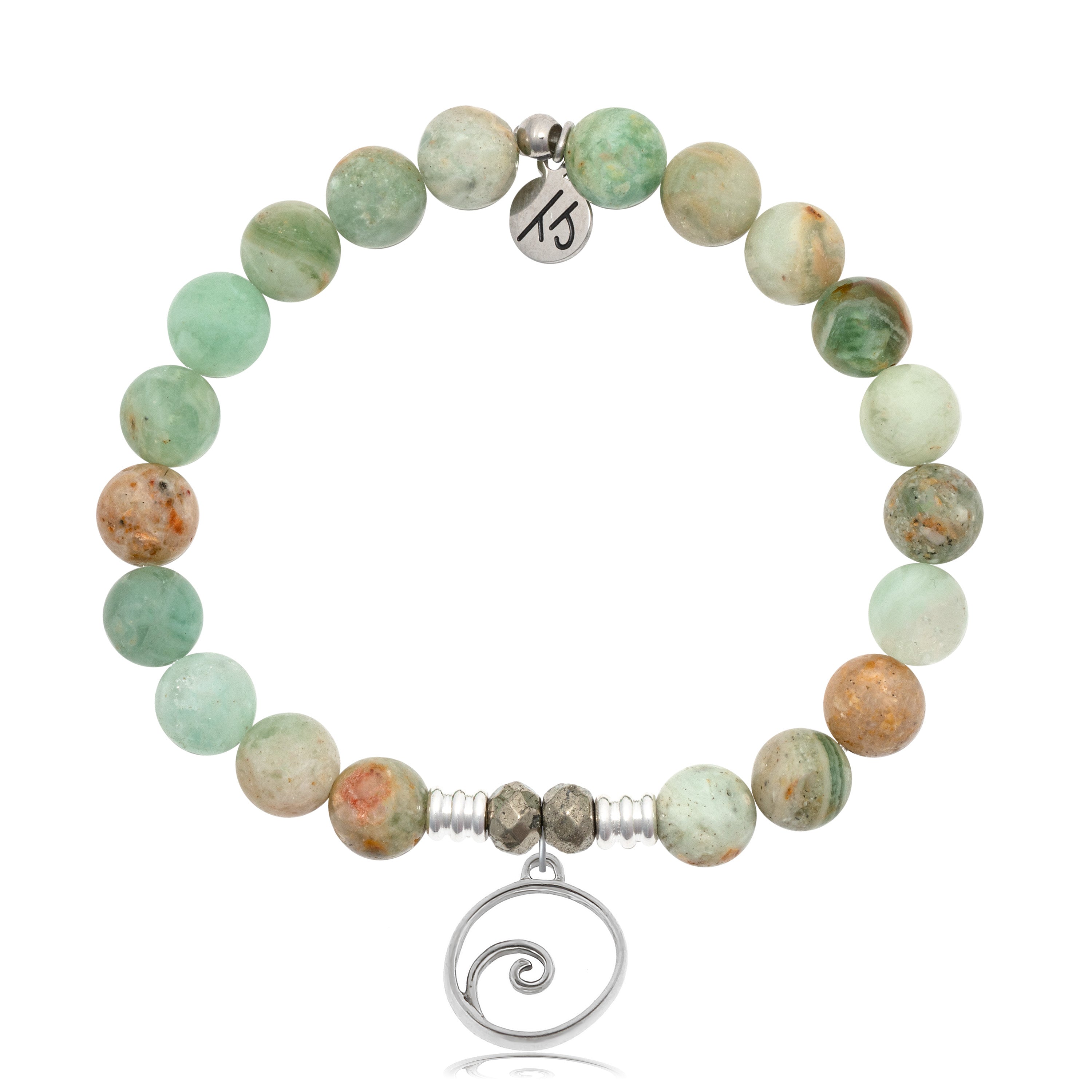 Green Quartz Stone Bracelet with Wave Sterling Silver Charm