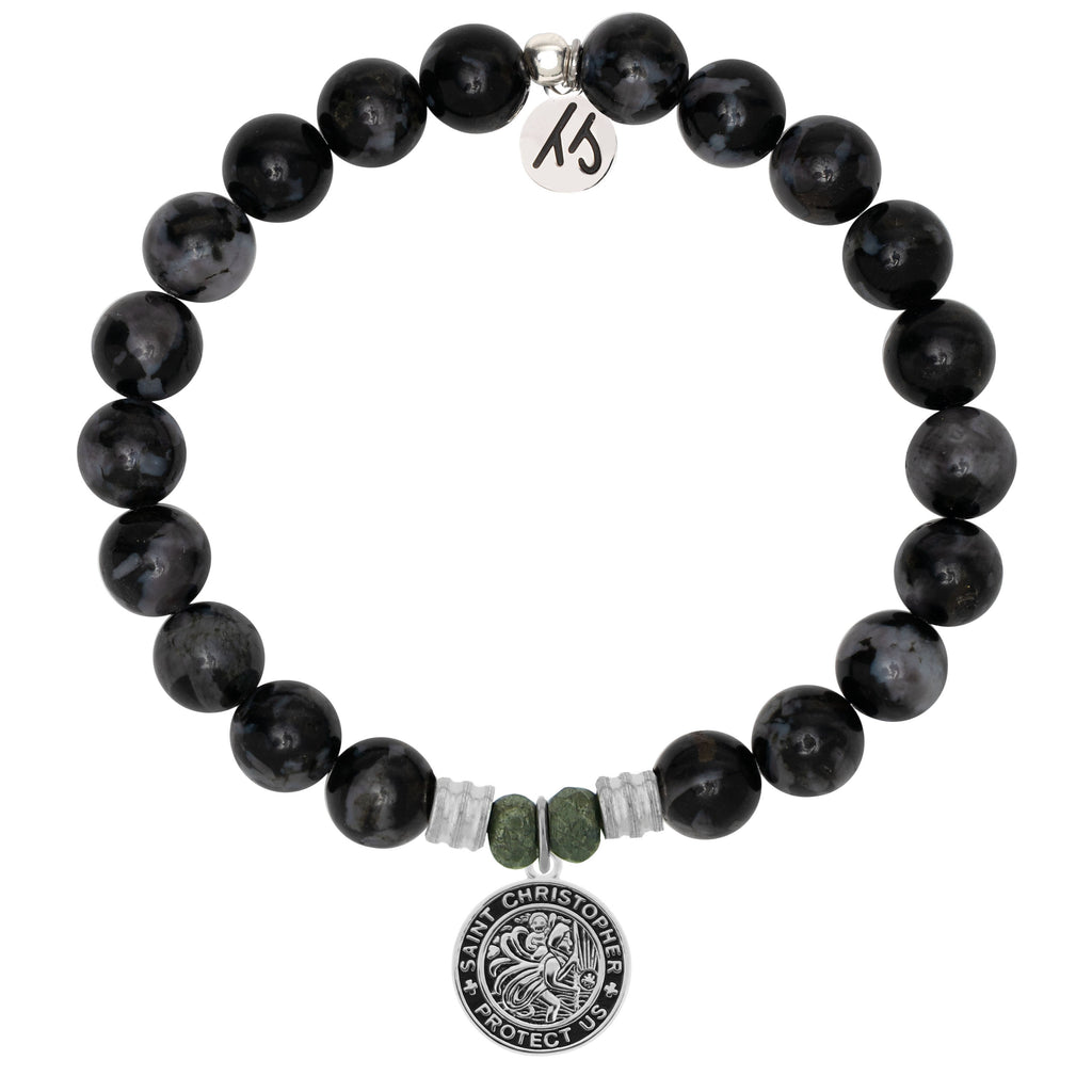 Indigo Gabbro Stone Bracelet with Saint Christopher Sterling Silver Charm