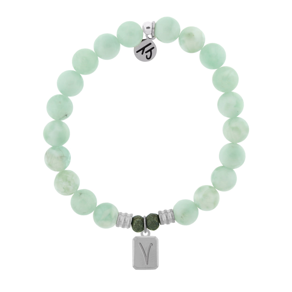 Initially Your's Green Angelite Stone Bracelet with Letter V Sterling Silver Charm