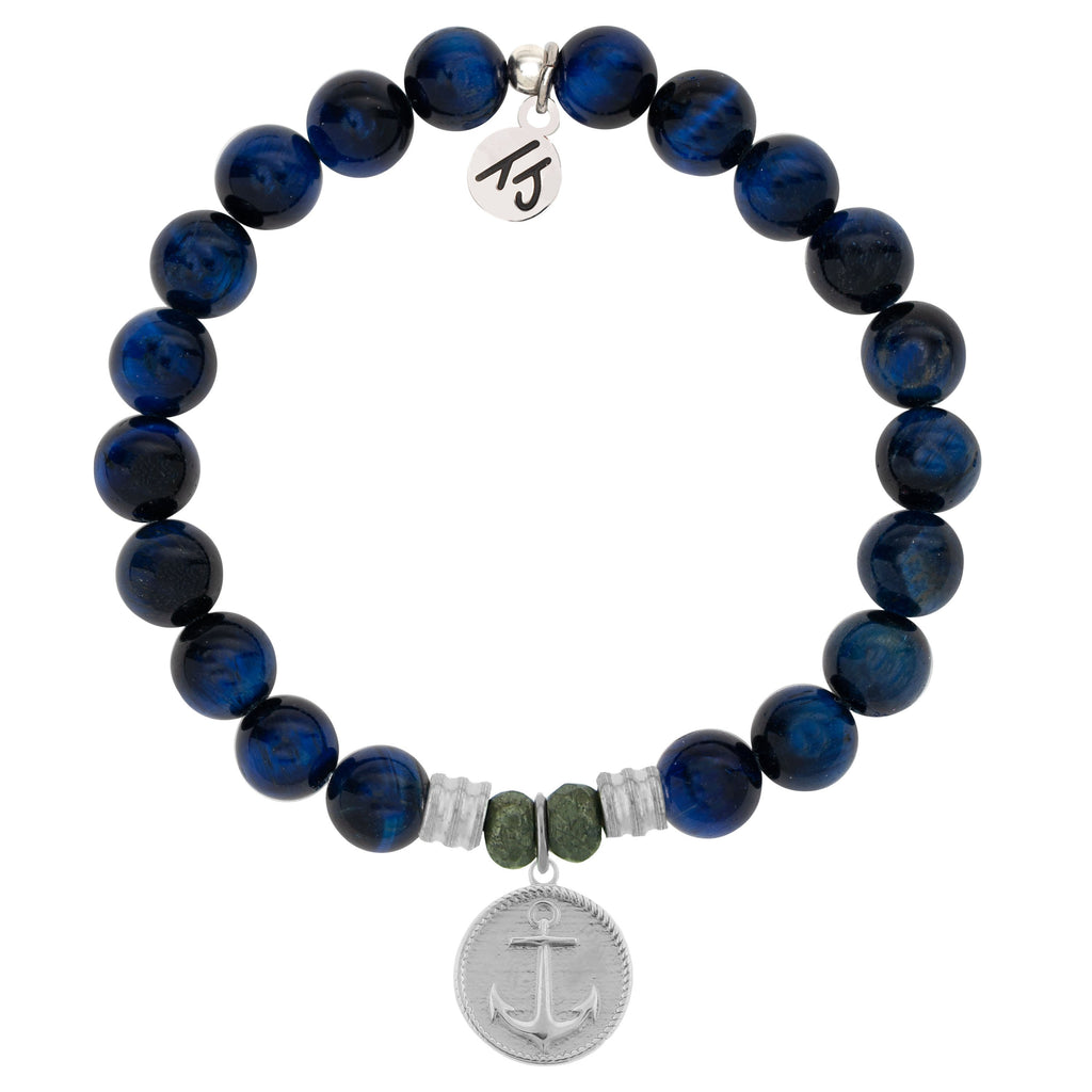 Lapis Tiger's Eye Stone Bracelet with Anchor Sterling Silver Charm