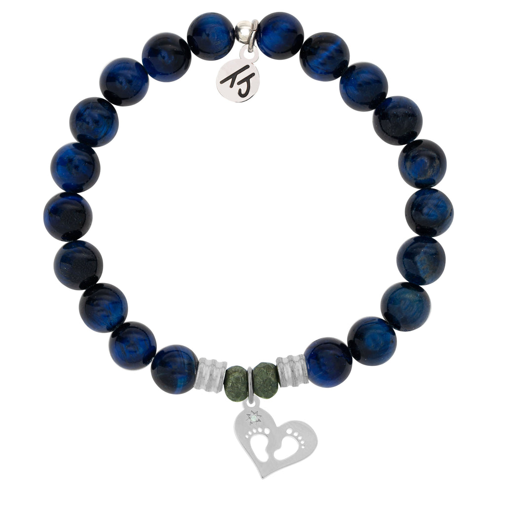 Lapis Tiger's Eye Stone Bracelet with Baby Feet Sterling Silver Charm
