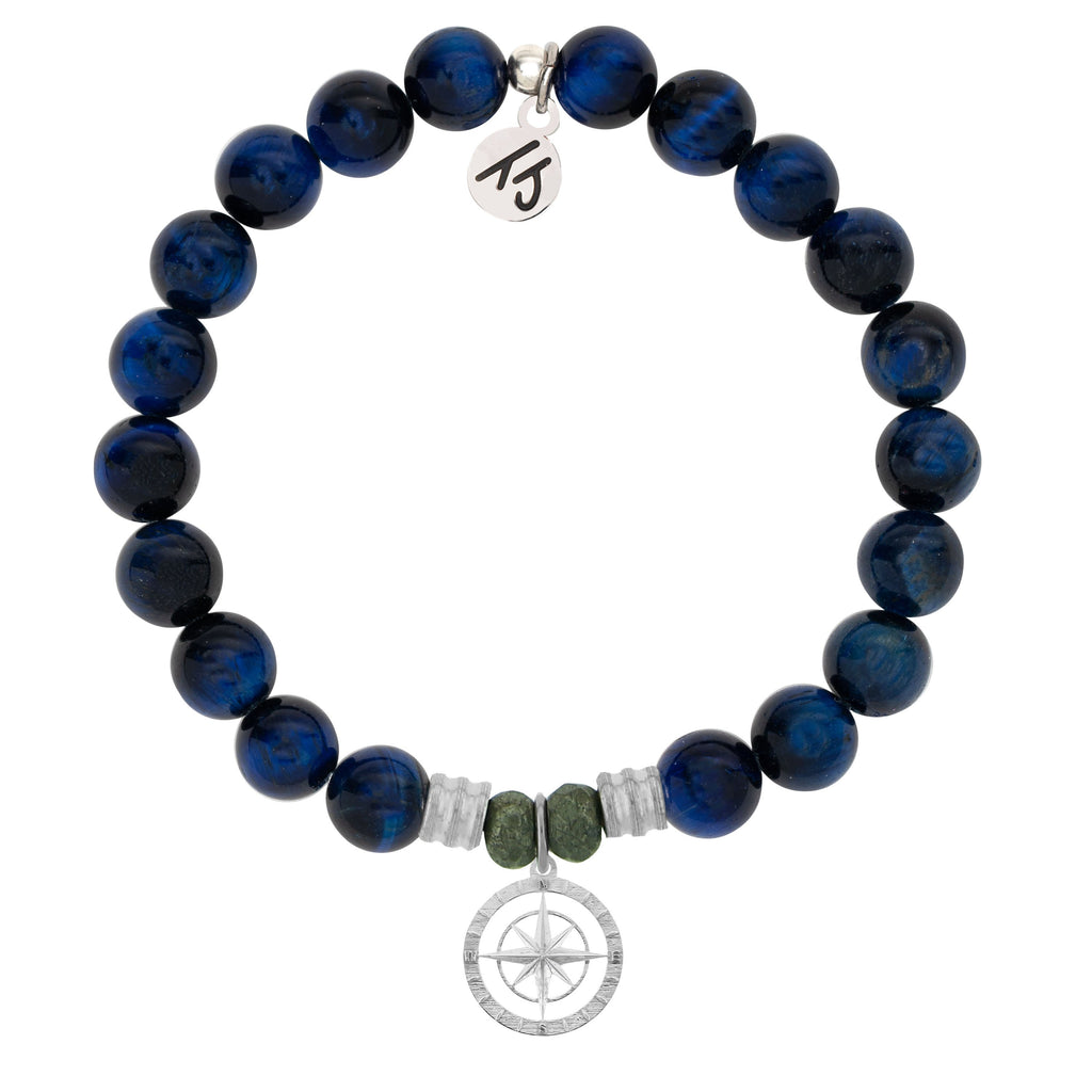 Lapis Tiger's Eye Stone Bracelet with Compass Rose Sterling Silver Charm