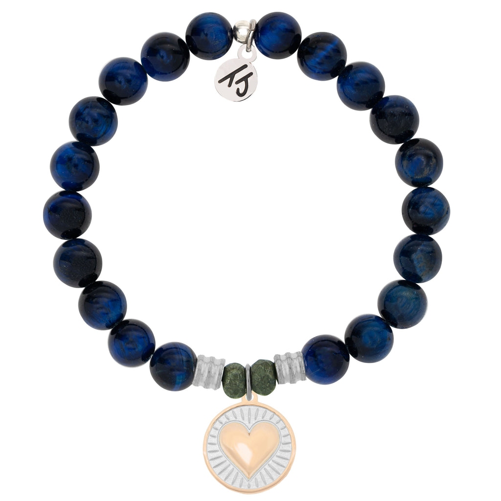 Lapis Tiger's Eye Stone Bracelet with Heart of Gold Sterling Silver Charm