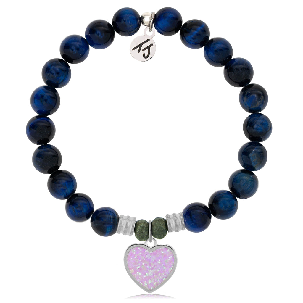 Lapis Tiger's Eye Stone Bracelet with Pink Opal Heart Sterling Silver Charm