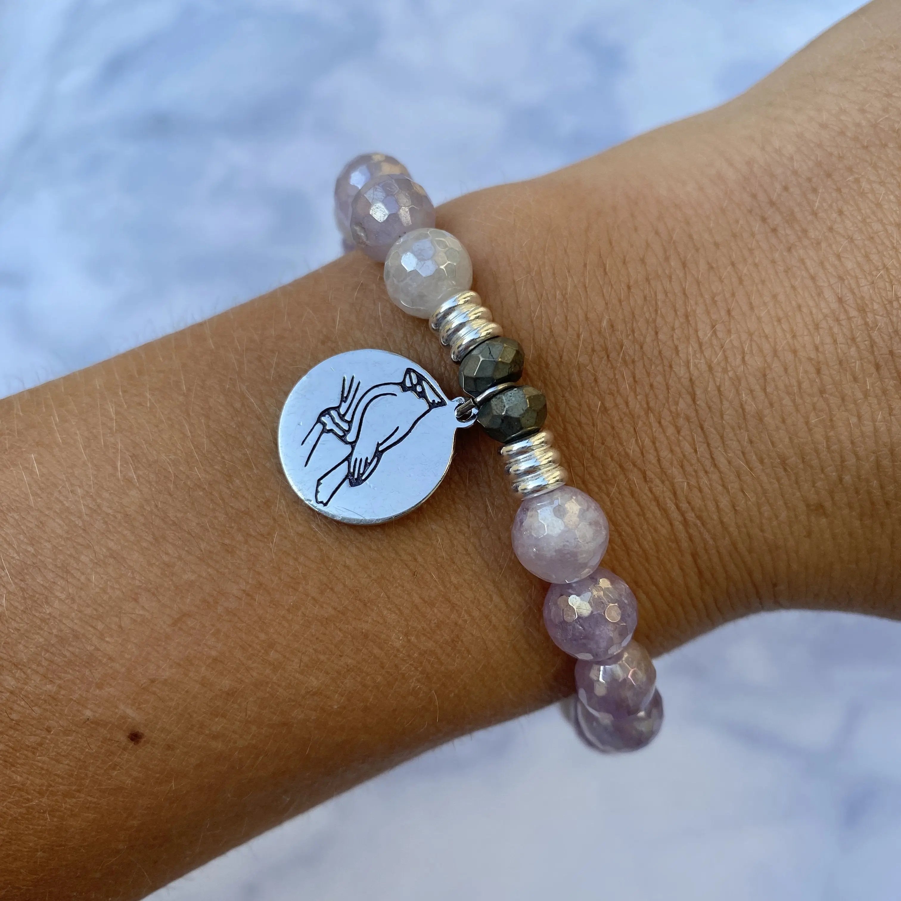 Mauve Jade Stone Bracelet with Cardinal Sterling Silver Charm