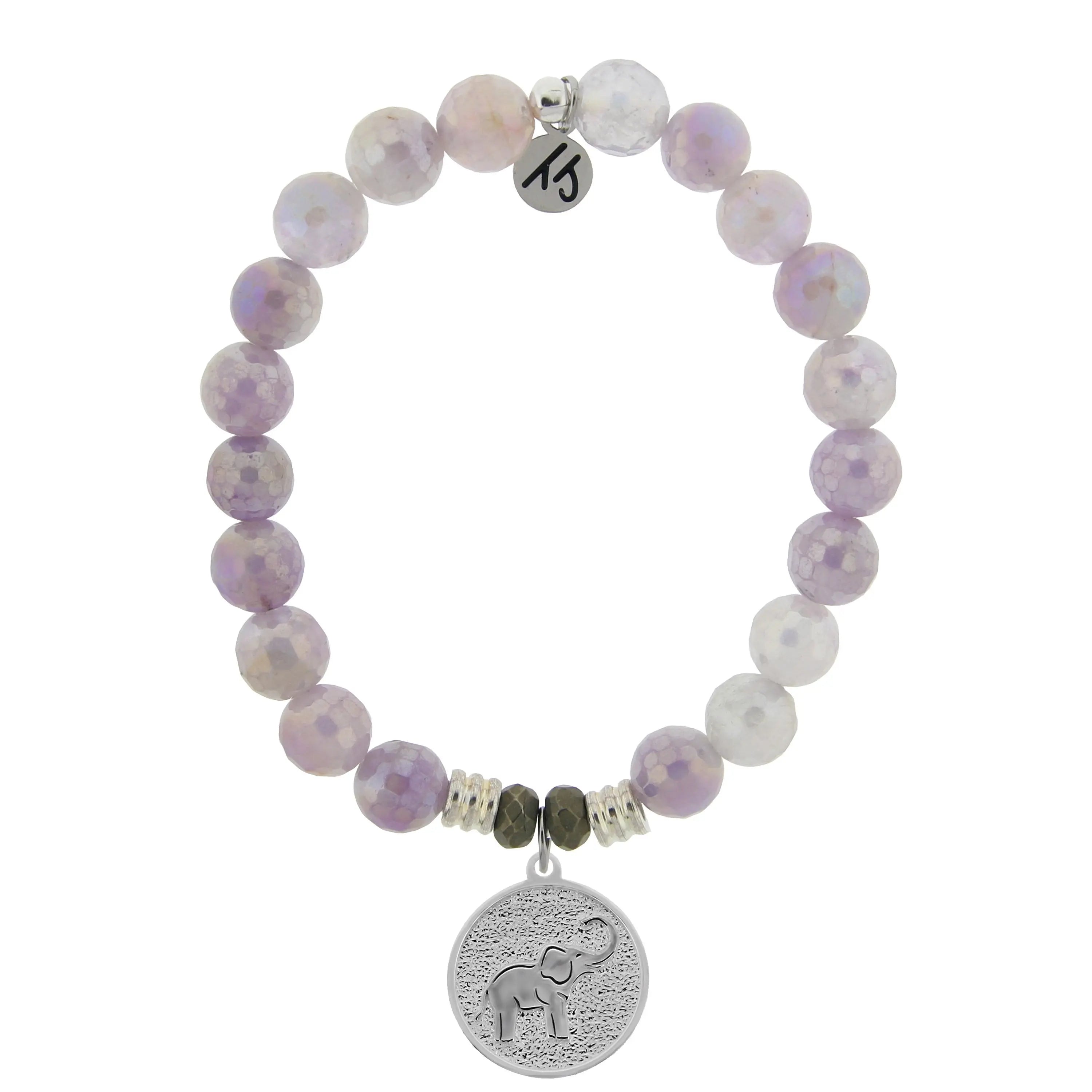 Mauve Jade Stone Bracelet with Lucky Elephant Sterling Silver Charm